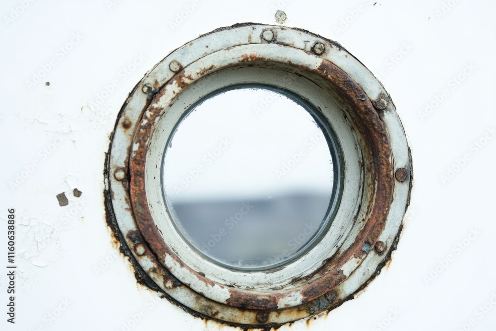 Poster a round window on a white wall with rust, suitable for use in interior design or architecture contex