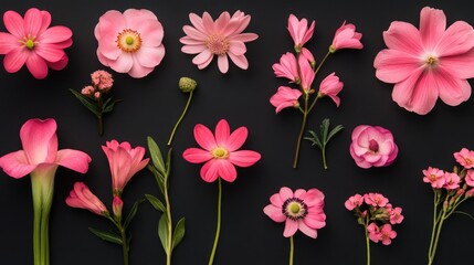 A cluster of pink flowers sits on a black background, creating a striking contrast