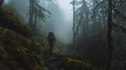Fototapeta premium A lone hiker treks through dense fog, searching for answers hidden in the mist.