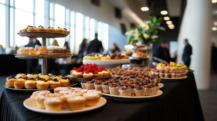 Coffee break setup with a variety of pastries and desserts at a conference event