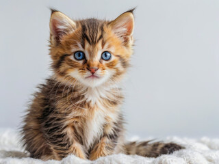 a small kitten with blue eyes sitting on a blanket