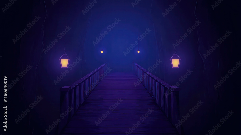 Poster mysterious foggy bridge with lanterns illuminating a dark pathway