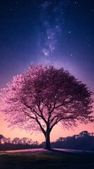 A magnificent and beautiful cherry blossom tree standing alone, with a beautiful view of the stars in the night sky