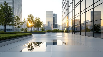 Modern cityscape with reflections and greenery in a tranquil urban setting during sunset.