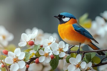 Fototapeta premium A vibrant bird sitting on a tree branch, ready for takeoff