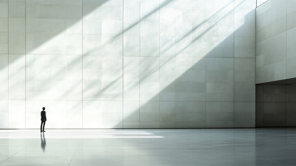 A lone person gazing into the distance in an empty hall, reflecting feelings of emptiness and loss.