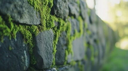 A stone wall covered with green moss outdoors, close-up view