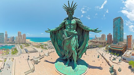 Obraz premium Majestic bronze statue overlooking cityscape, ocean.