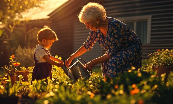 Grandmother and Grandchild Gardening at Sunset