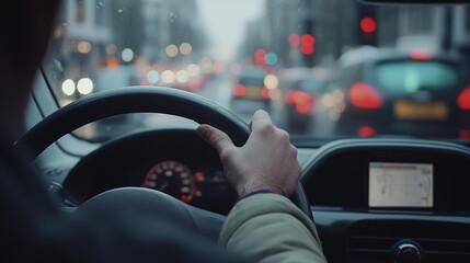 Scene of a car stuck in traffic due to road construction. Featuring an irritated driver