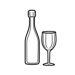 Wine bottle and glass line art illustration.