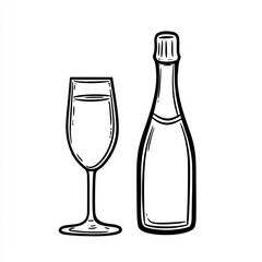 Hand-drawn illustration of champagne bottle and glass.