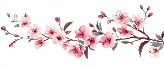 Peach Blossom Branch Watercolor Style Spring Flowers Floral Design Nature Botany Pink Flowers