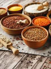 Mixed Grains and Cereals Lentils Rice Buckwheat Oatmeal Organic Healthy Vegan Protein Diet Nutrition