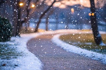 A snowy pathway in a park