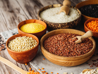 Mixed Grains and Cereals Lentils Rice Buckwheat Oatmeal Organic Healthy Vegan Protein Diet Nutrition
