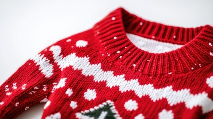 A person wearing a festive red and white sweater with a Christmas tree printed on it
