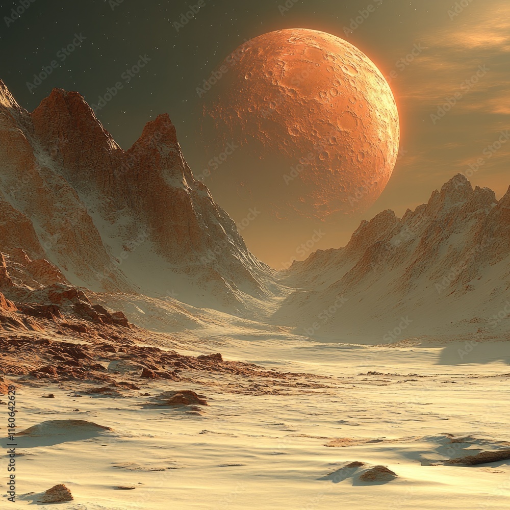 Poster a distant view of a planet with mountains in the foreground, suitable for sci-fi or space-related co