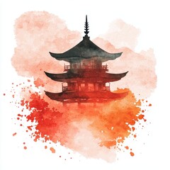 Watercolor Pagoda Asian Temple Red Ink Splash Calm Zen