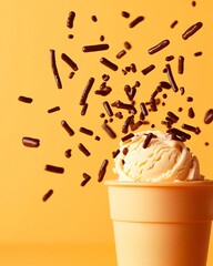 Brazilian brigadeiro ice cream with chocolate sprinkles, Rio Carnival atmosphere, rich and indulgent frozen treat