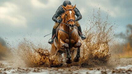 A horse and rider in a dynamic splash of mud, capturing the raw energy and power of equestrian sports, for action, adventure, and outdoor-themed content, with intense motion and spirited energy.