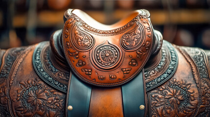 Detailed leather saddle, an ornate equestrian masterpiece, capturing rich textures and craftsmanship, ideal for western, vintage, and luxury-themed visuals, with rustic charm and intricate design.
