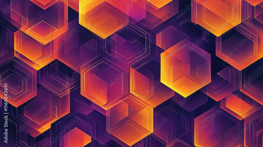 Poster dynamic geometric patterns with overlapping hexagons in vibrant colors