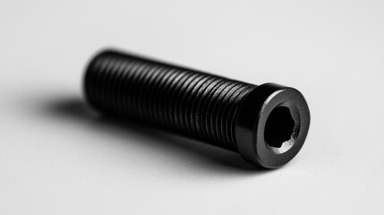Black Steel Hex Socket Screw with Threaded Shaft on White Background