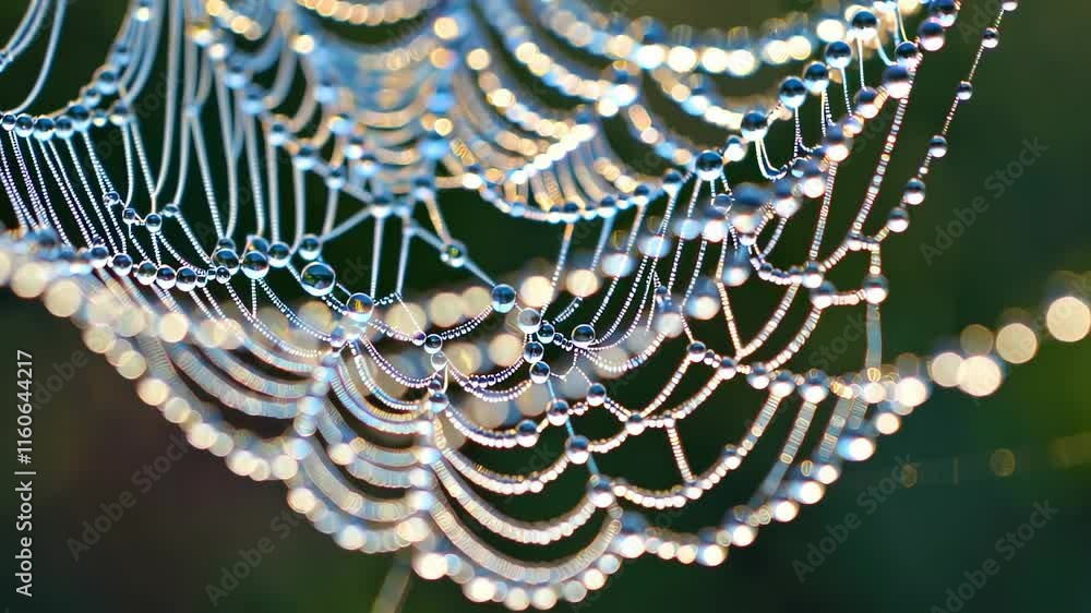 Poster detailed view of a spiderweb covered in dew droplets, glistening in sunlight with a soft bokeh backg
