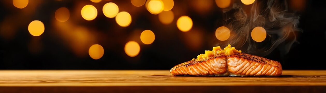Caribbean jerk salmon with a side of mango salsa, bright sandy shores of Barbados, a bold and spicy seafood dish