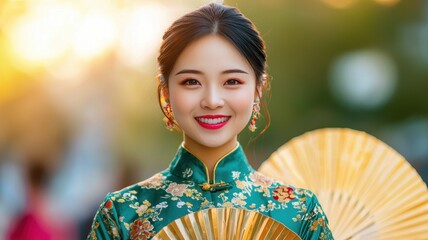 Smiling Woman in Traditional Green Qipao Dress with Fan