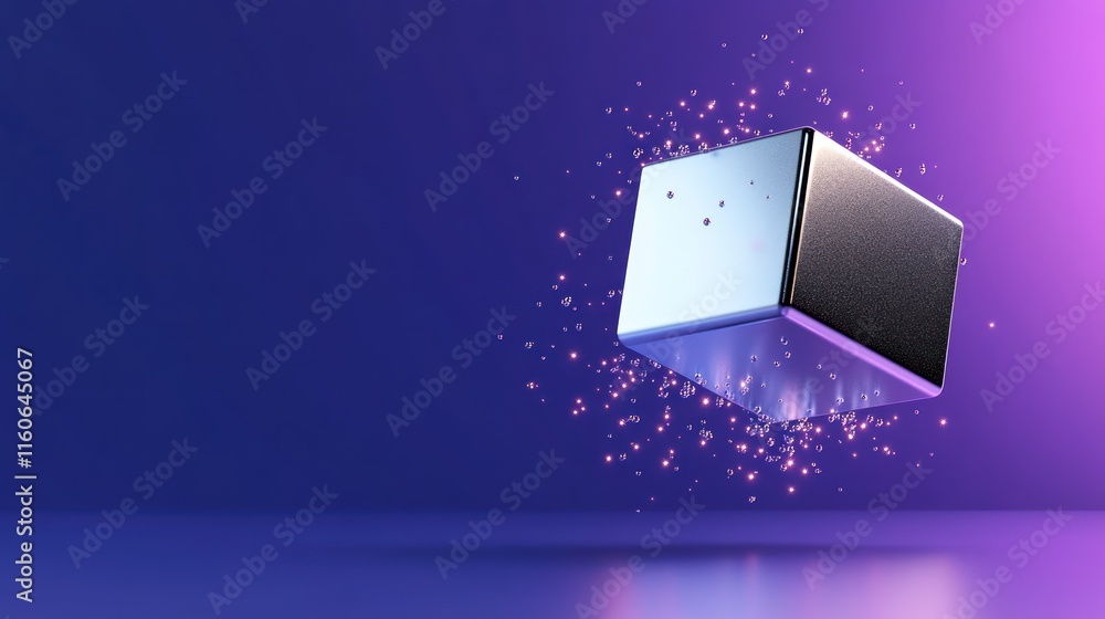 Aufkleber a floating cube with sparkling particles against a gradient background.