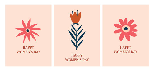 International Women's Day card set. Minimalist greeting cards with flowers. Vector illustration for your design