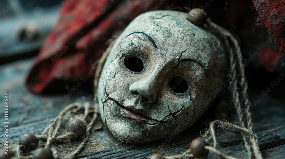 Aufkleber high angle view of a worn evil puppet mask resting on a dark surface