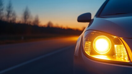 Scene of a car with flickering headlights at dusk. Featuring a driver looking alarmed