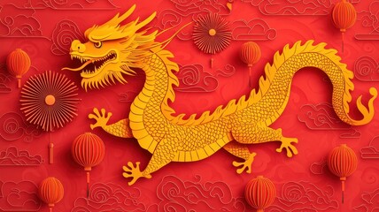 Fototapeta premium Golden Dragon Red Lanterns Chinese New Year Background