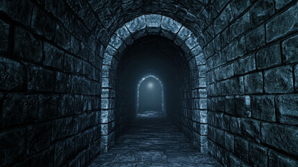 Fototapeta premium Hidden Passage Inside an Old Stone Tunnel with Faint Shimmering Light