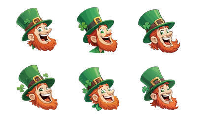 Cartoon Vector Leprechaun Faces with Different Emotions for St. Patrick's Day