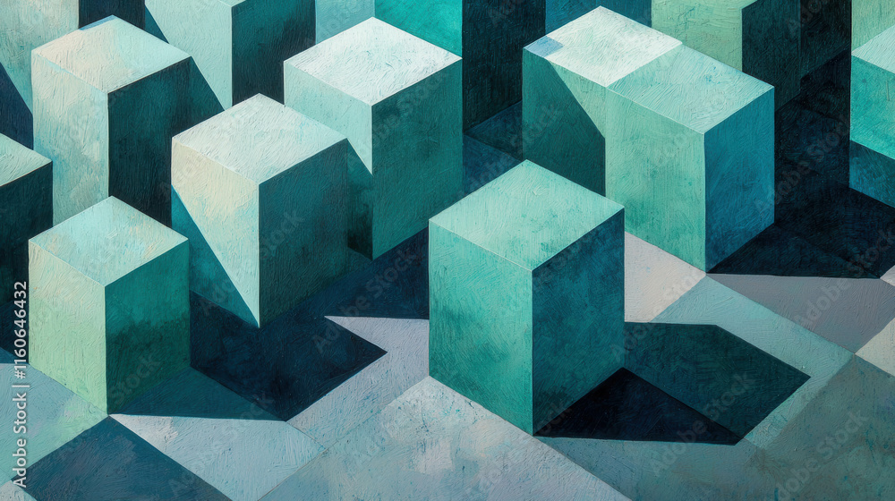 Poster abstract isometric geometric cube arrangement on a grid in cool tones