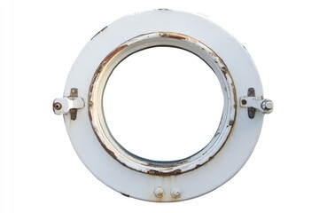A close-up of an old porthole window with rust forming on its surface