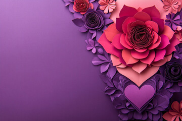 A vibrant arrangement of paper flowers in shades of pink and purple with a small heart, creating a beautiful and romantic scene perfect for Valentine's Day or any special occasion
