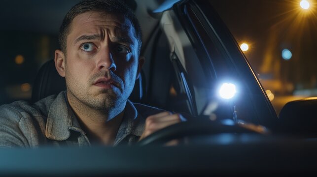 Scene of a car's headlights not working at night. Featuring a driver looking stressed