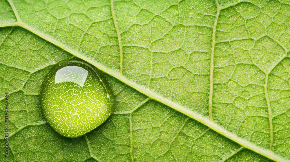 Poster macro shot of dewdrop resting on textured leaf surface with intricate patterns