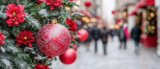 Festive Christmas Ornament Red Poinsettia Blurred City Street Background