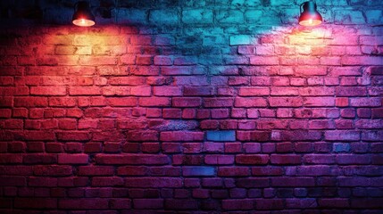 Illuminated lights hanging on a brick wall background