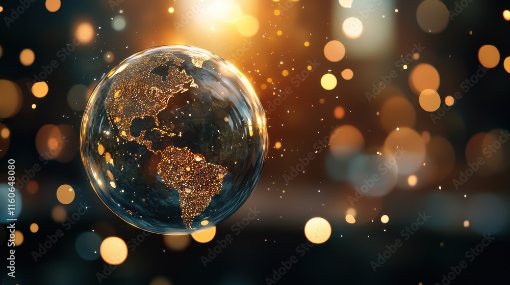 Poster bubbles of light surrounding a floating globe abstract background digital art enchanting atmosphere 