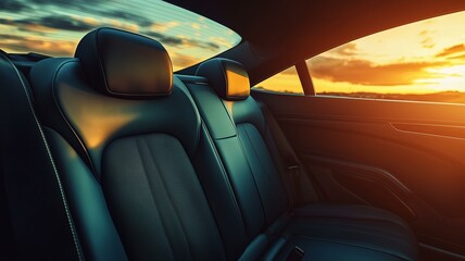 Photorealistic interior shot of a luxury car&rsquo;s back seat with leather upholstery and panoramic roof
