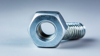 Close-Up of a Silver Metal Bolt with Hex Nut and Reflection