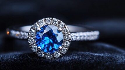 Elegant Sapphire Ring with Diamond Halo on Luxurious Black Fabric