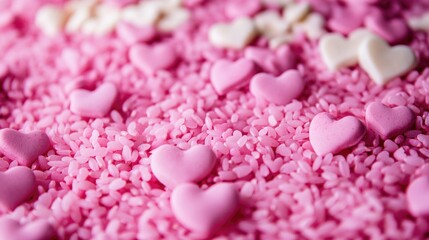Decorative sprinkles featuring pink color with white heart shapes, suitable for sweet treats and celebrations